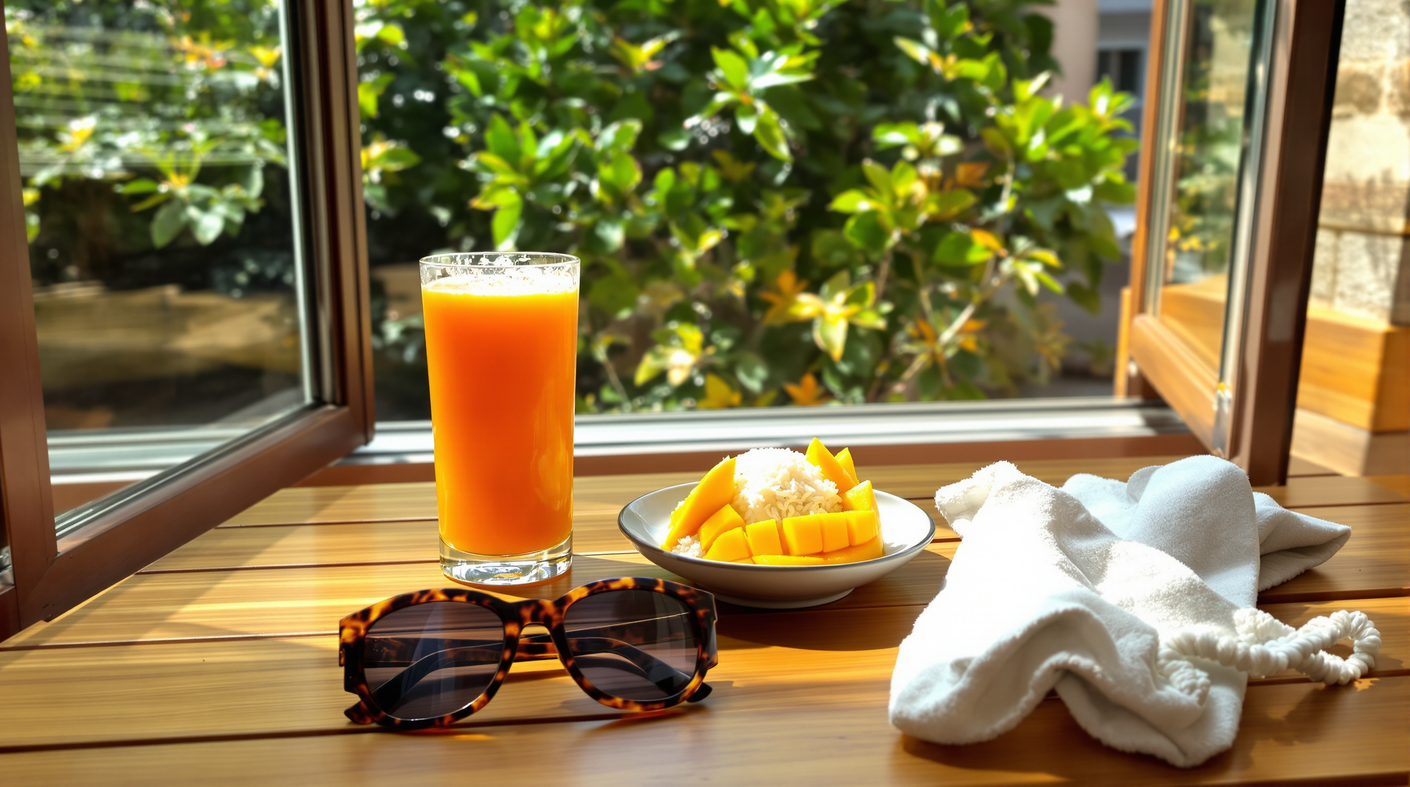A tall orange iced drink, a plate of mango with sticky rice and a pair of tortoiseshell sunglasses on a teak table by an open window in morning sun