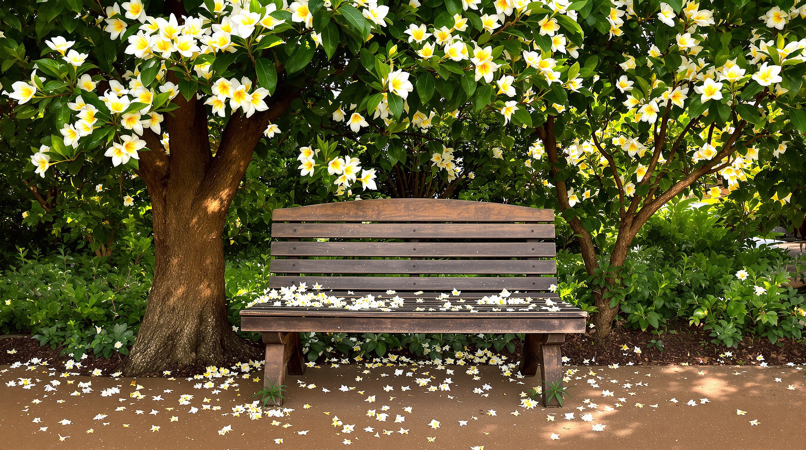 An empty wooden bench under a flowering frangipani tree, fallen white blossoms on the seat and the path in morning sun
