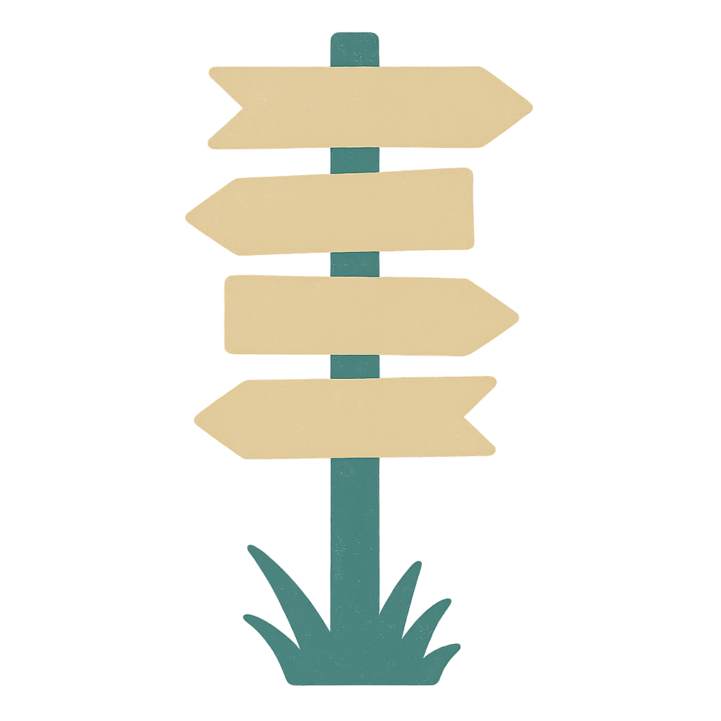 A painted jade signpost with four blank oat-coloured arrow boards pointing left and right, standing in a tuft of grass