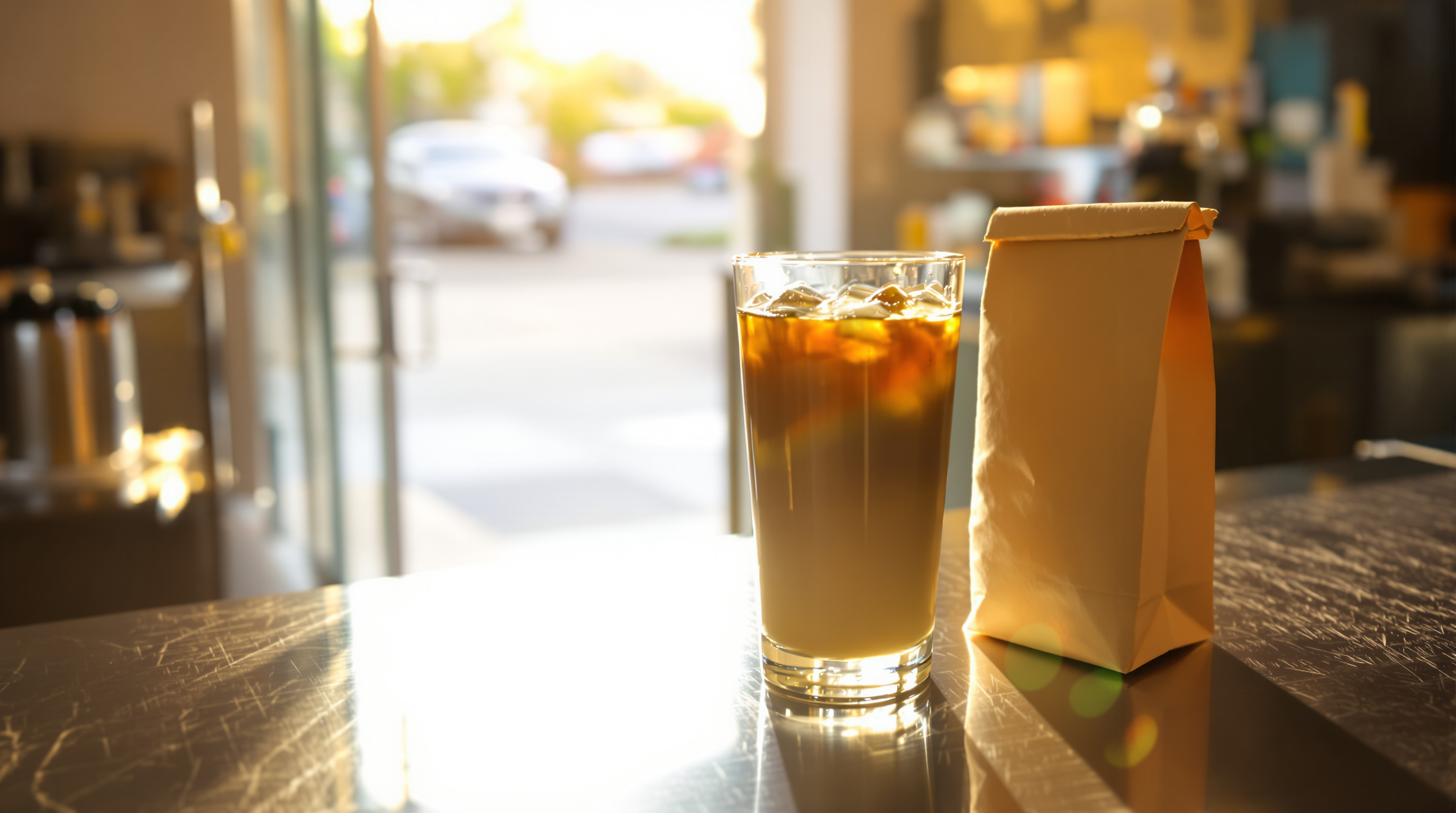 A glass of iced coffee and a small folded paper bag on a stainless steel counter, warm morning light through an open doorway