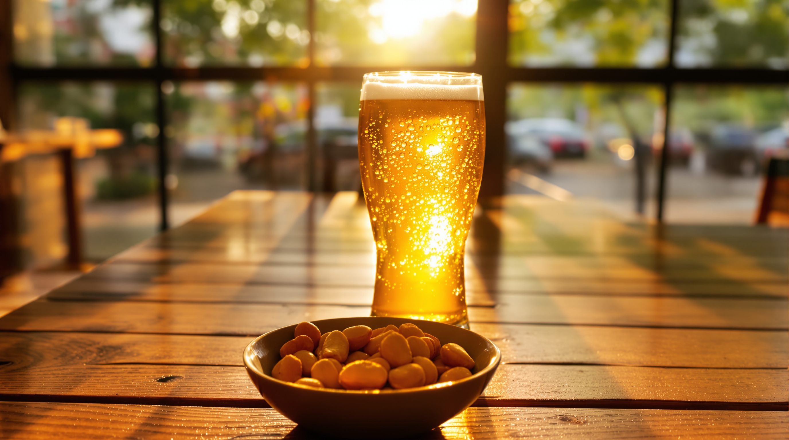 A cold glass of beer beaded with condensation on a teak table in warm late-afternoon light