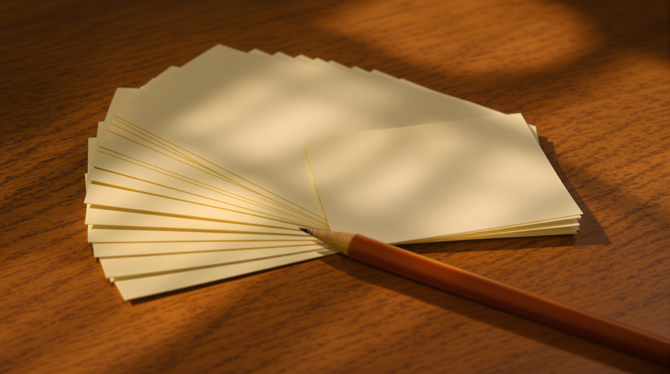 A fan of blank cream index cards spread across a teak table beside a sharpened pencil in warm evening lamplight