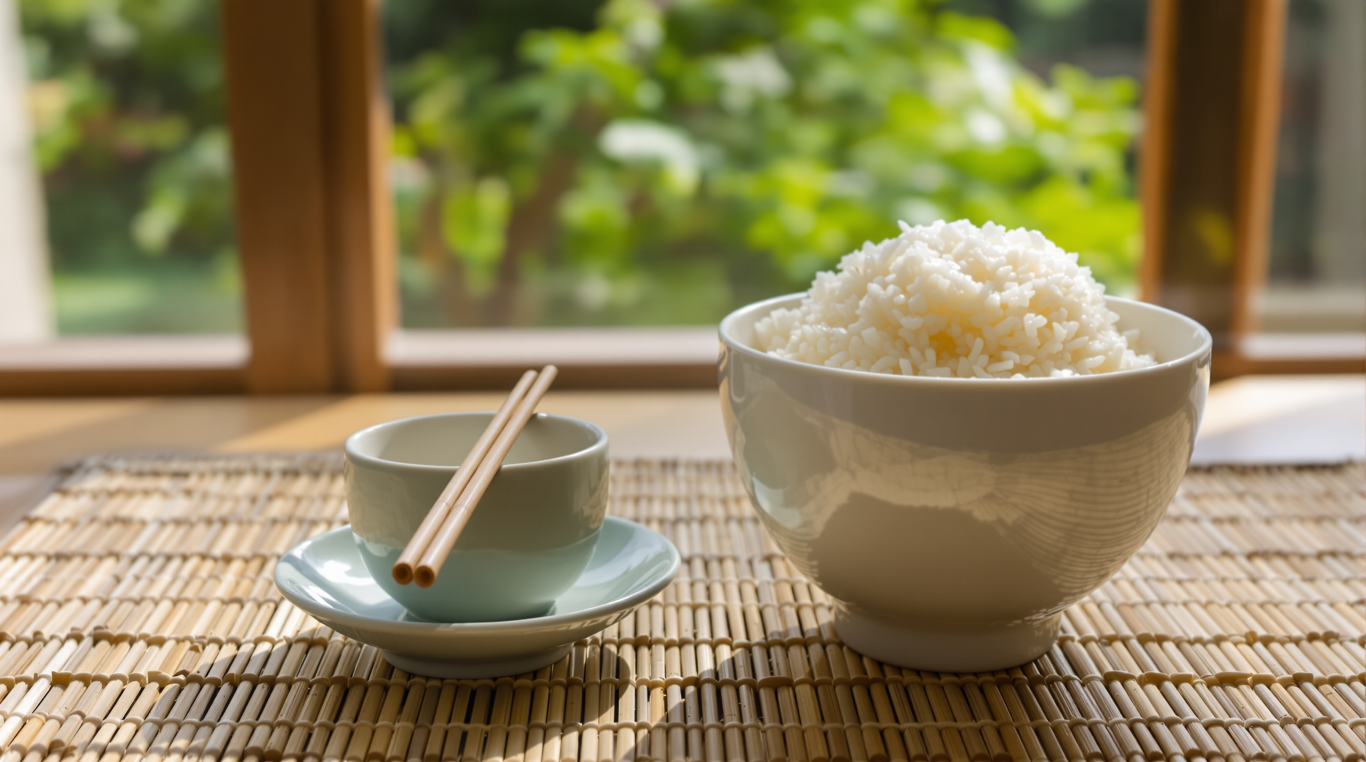 A white bowl heaped with steamed jasmine rice beside a small celadon cup and saucer with wooden chopsticks resting across it, on a bamboo mat by a sunlit window