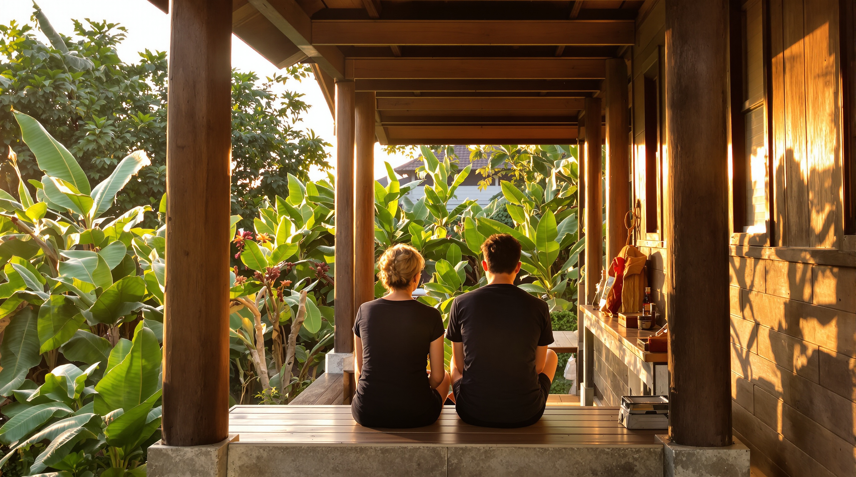 Two people seen from behind, sitting side by side on the edge of a wooden veranda and looking out at banana plants in golden evening light