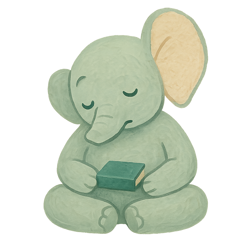 The jade Phayan elephant sitting cross-legged with its eyes closed and one large ear raised, listening, a small closed book held in its lap