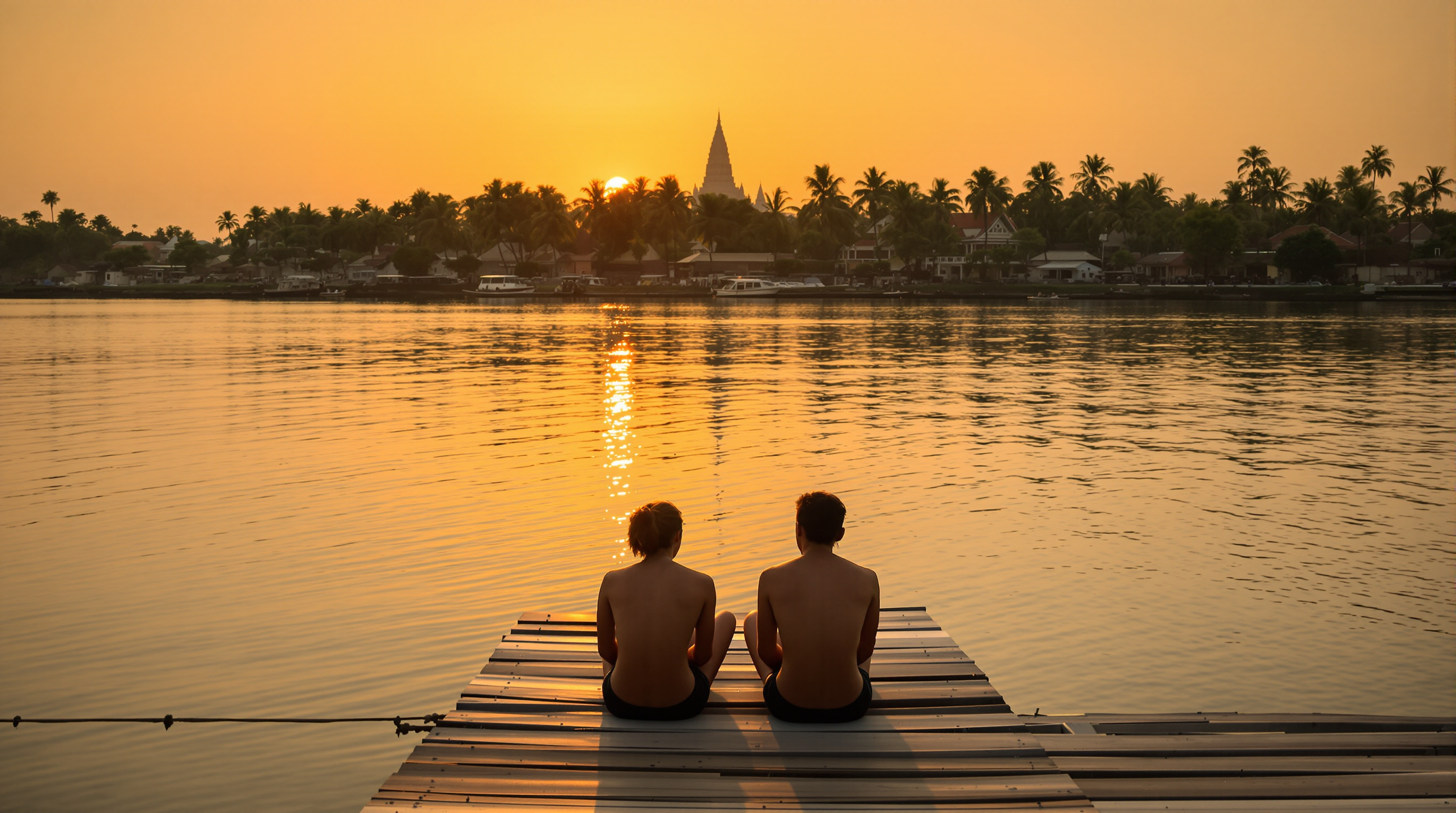 Two people seen from behind sitting on a wooden jetty above a wide calm river at sunset, palms and a temple spire on the far bank