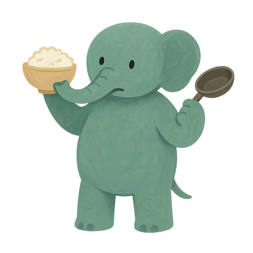 The Phayan elephant standing and holding a bowl of rice up in its trunk and a small frying pan in one foreleg, looking between the two
