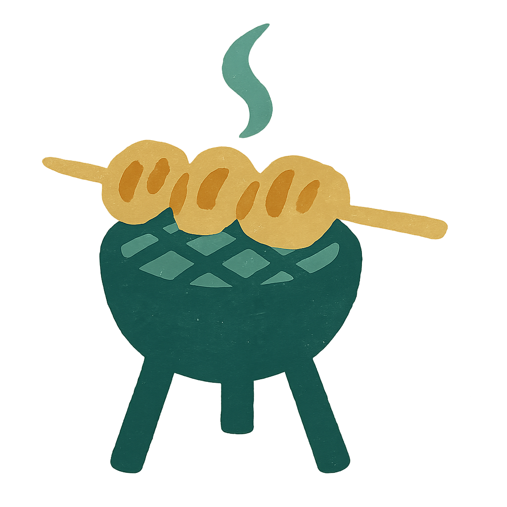A painted jade and oat illustration of a single skewer of grilled chicken resting across a small charcoal brazier with one curl of smoke rising