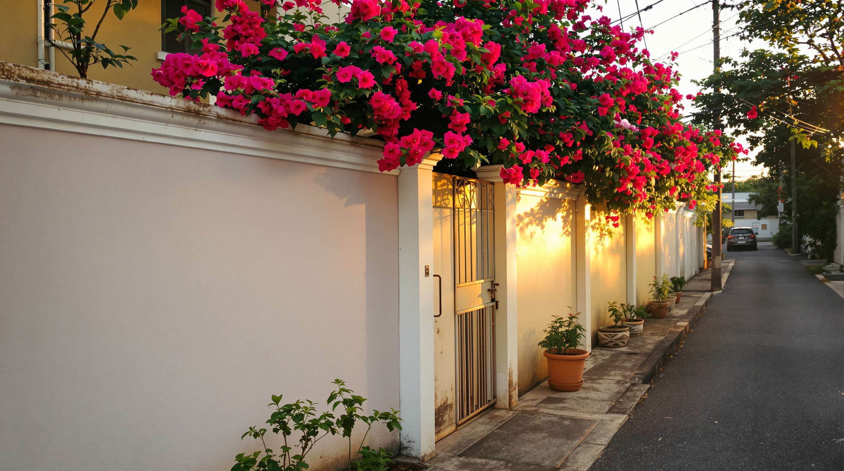 A quiet Thai side lane at golden hour, a low painted wall with bougainvillea spilling over it and a plain metal gate set into the wall