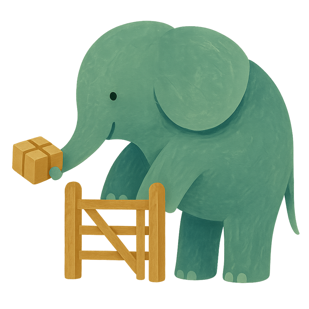 A friendly jade elephant holding a small parcel in its trunk, leaning over a garden gate to check it has arrived at the right house