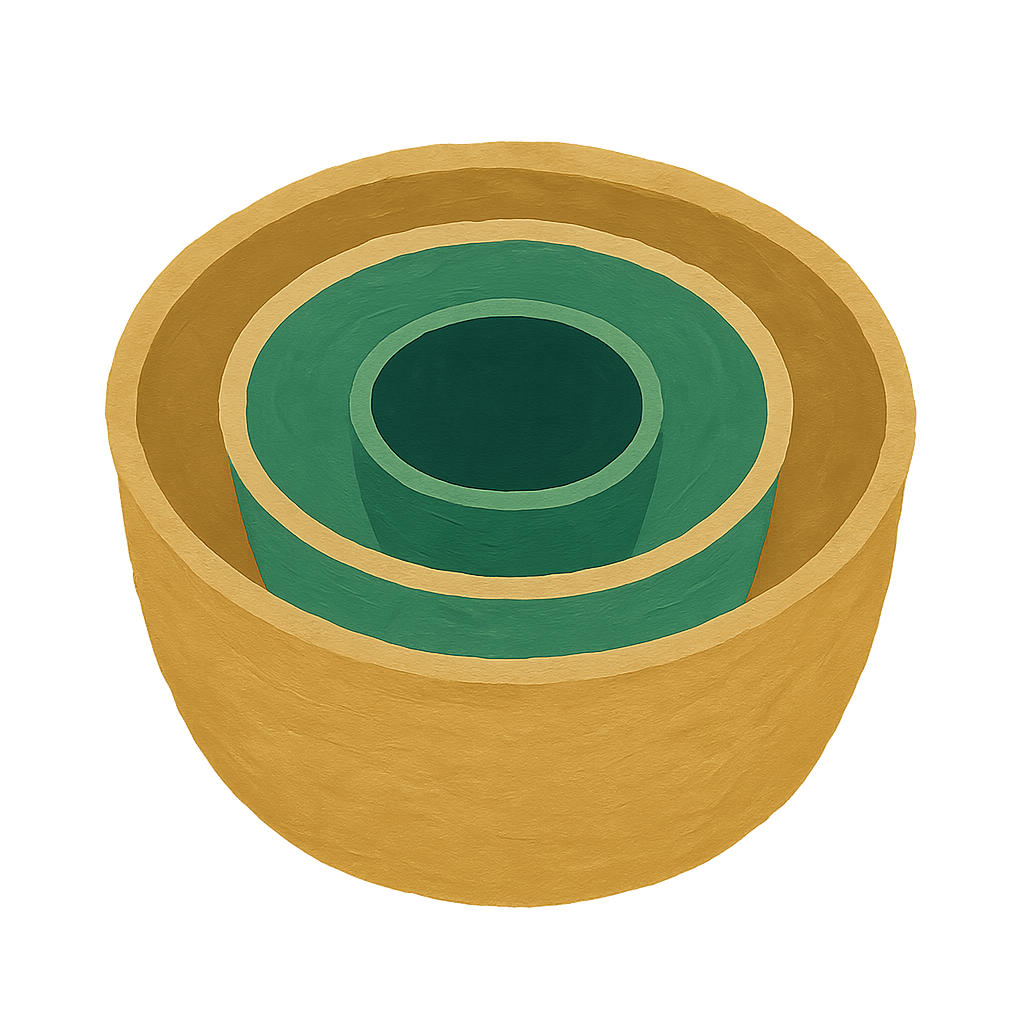 Three woven baskets painted in jade and oat, nested one inside the next with all three rims visible