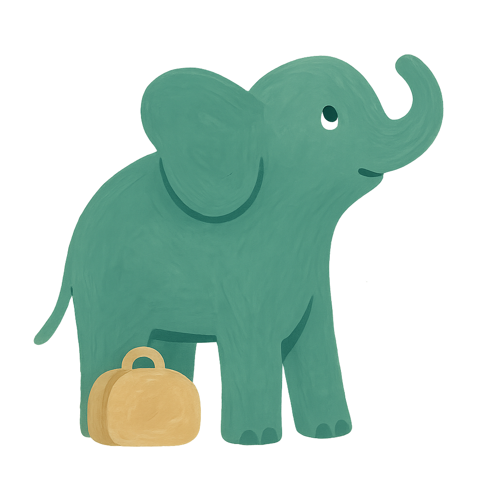 A painted elephant in jade and oat standing beside a small suitcase, head tilted up and ears forward as if waiting for an announcement