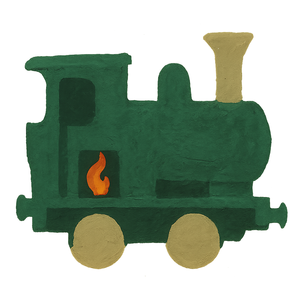 A painted side-on steam locomotive in jade green with oat-coloured wheels, a curl of orange flame in its open firebox