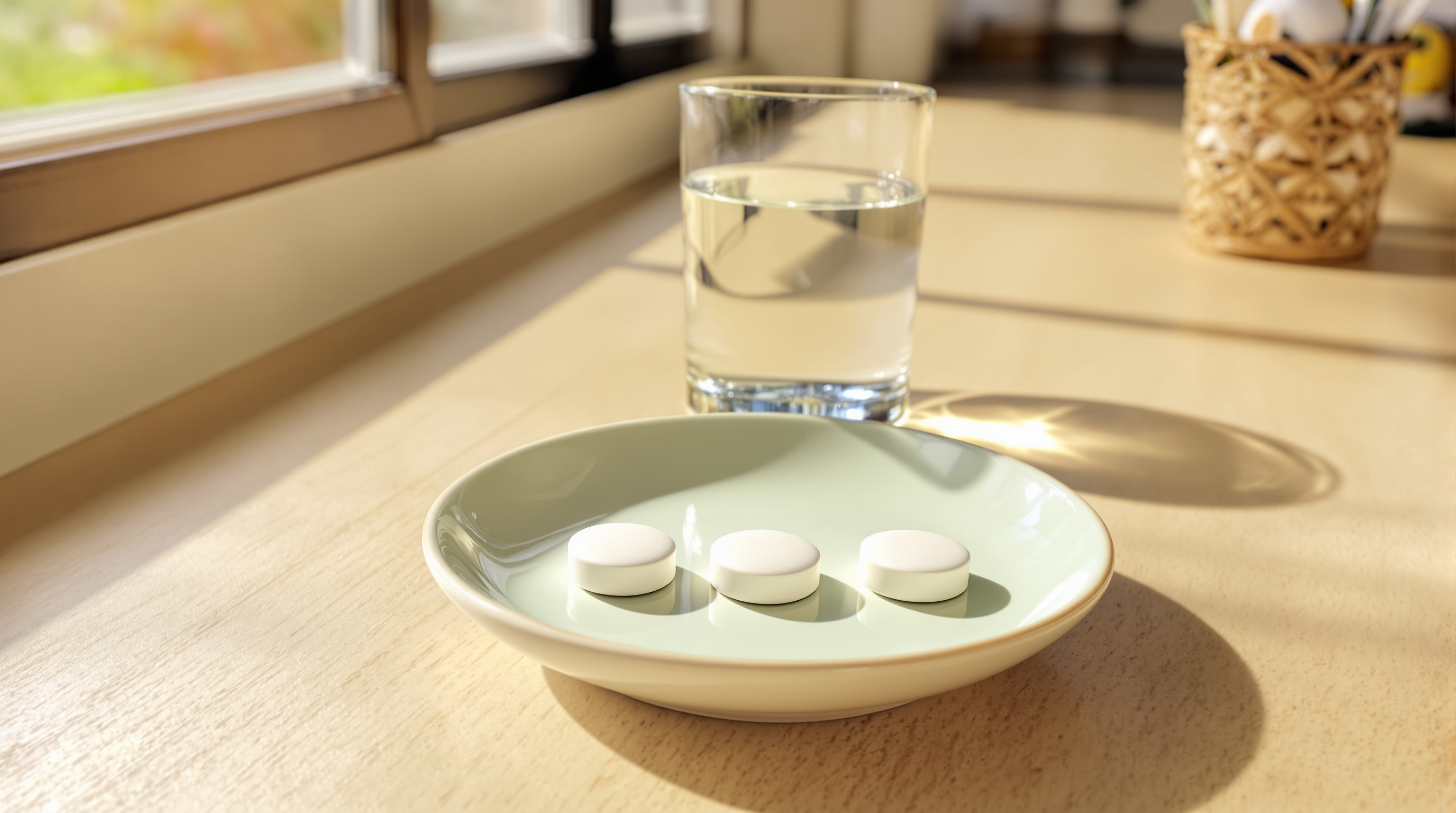 Three identical white tablets in a row on a pale green dish beside a glass of water in morning light.