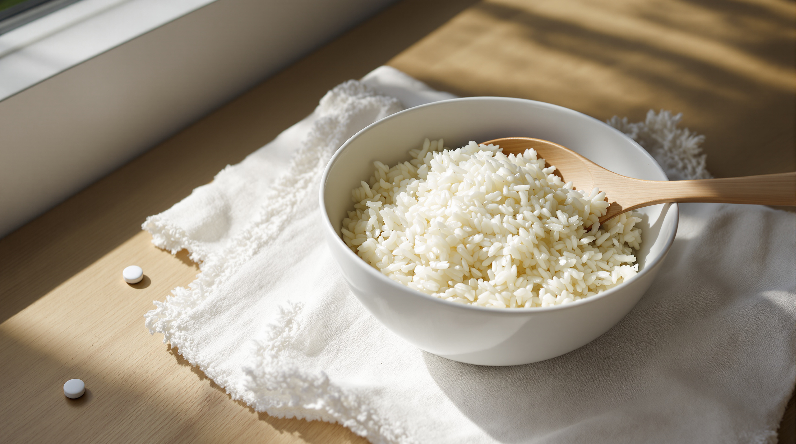 A bowl of steamed rice with a wooden spoon, and two small white tablets on the table beside it.