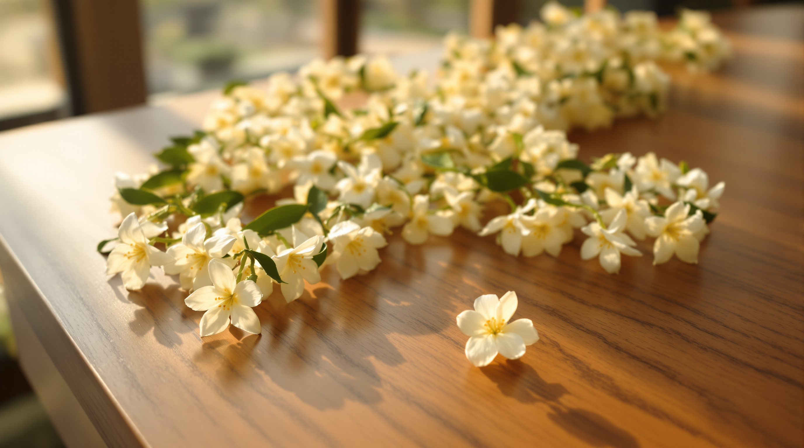 A long jasmine garland heaped along a sunlit wooden table, with one single small jasmine flower lying apart from it on the bare wood