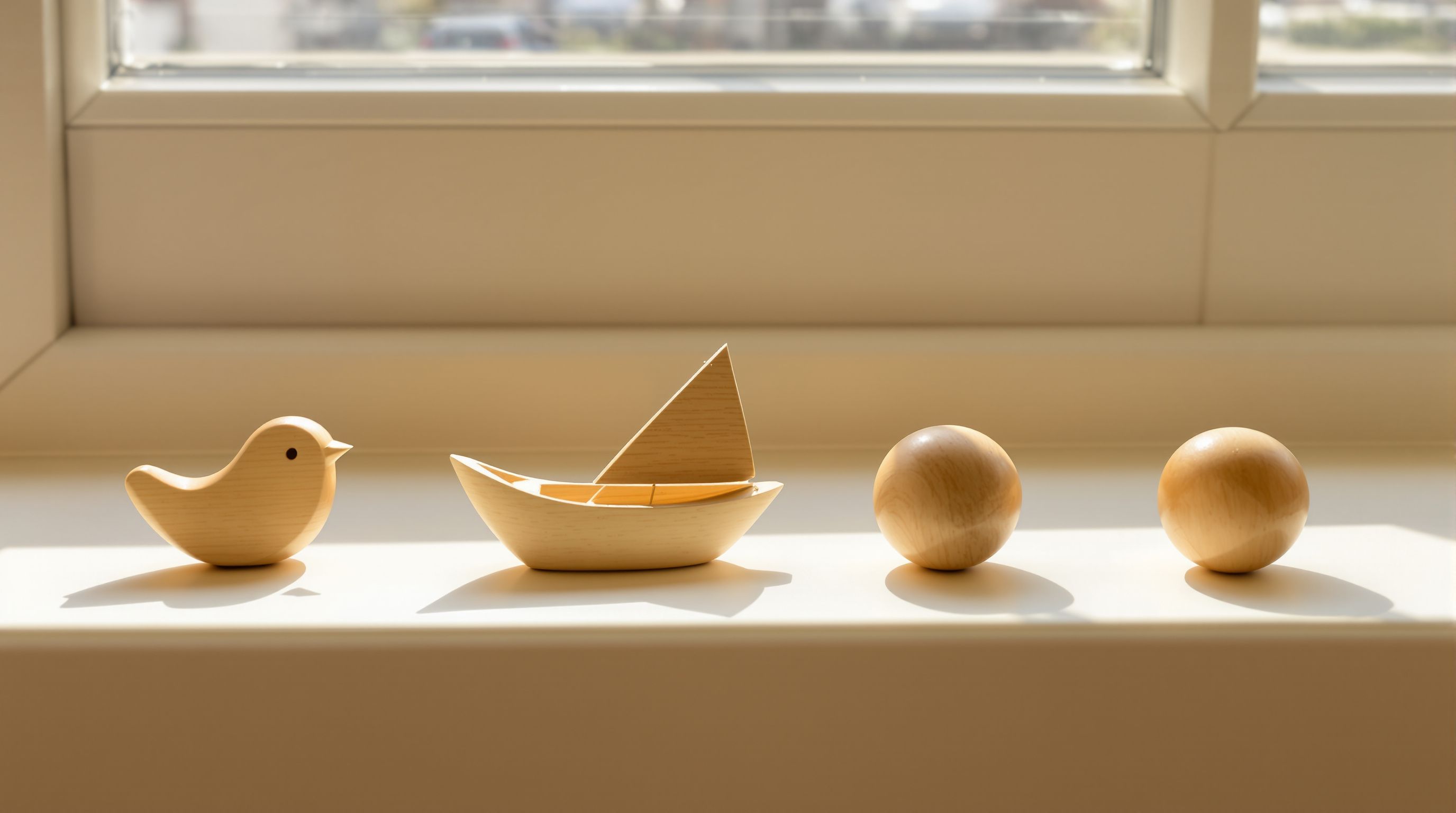 Four small plain wooden objects in a row on a sunlit windowsill: a carved bird, a small boat and two smooth wooden balls