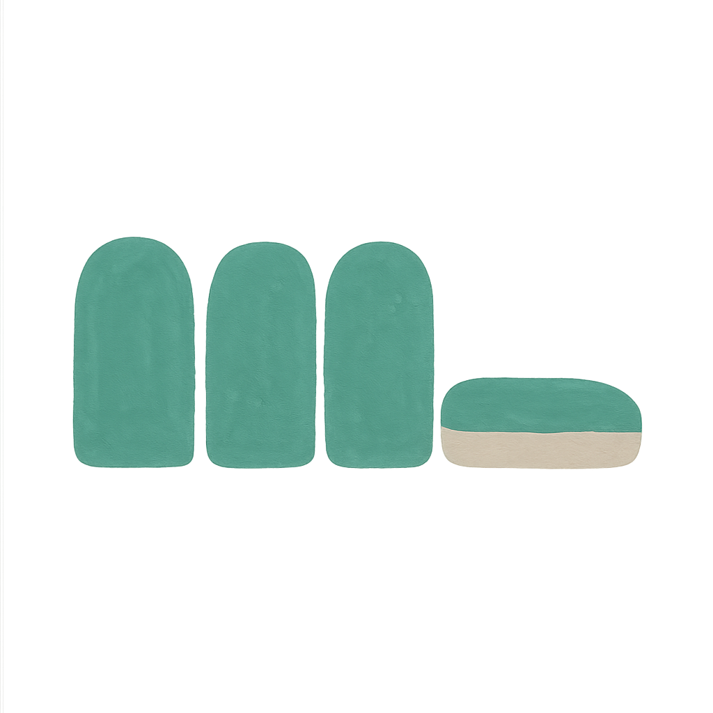 Gouache illustration of four rounded jade tiles, the first three standing upright in a row and the last one lying flat on its side