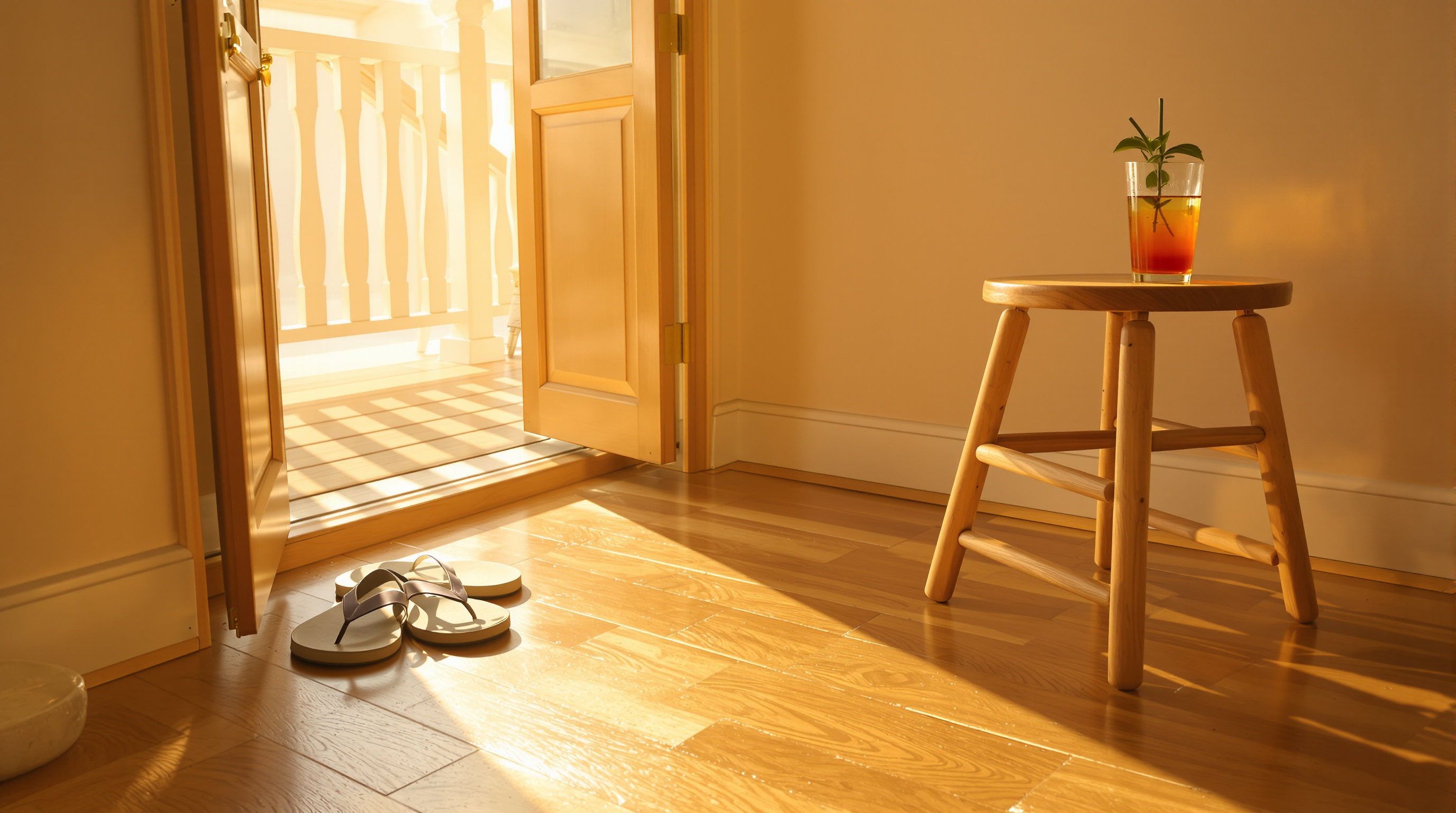 Late-afternoon sun in long bars across a wooden floor beside an open door, sandals by the threshold and a glass of iced tea on a stool