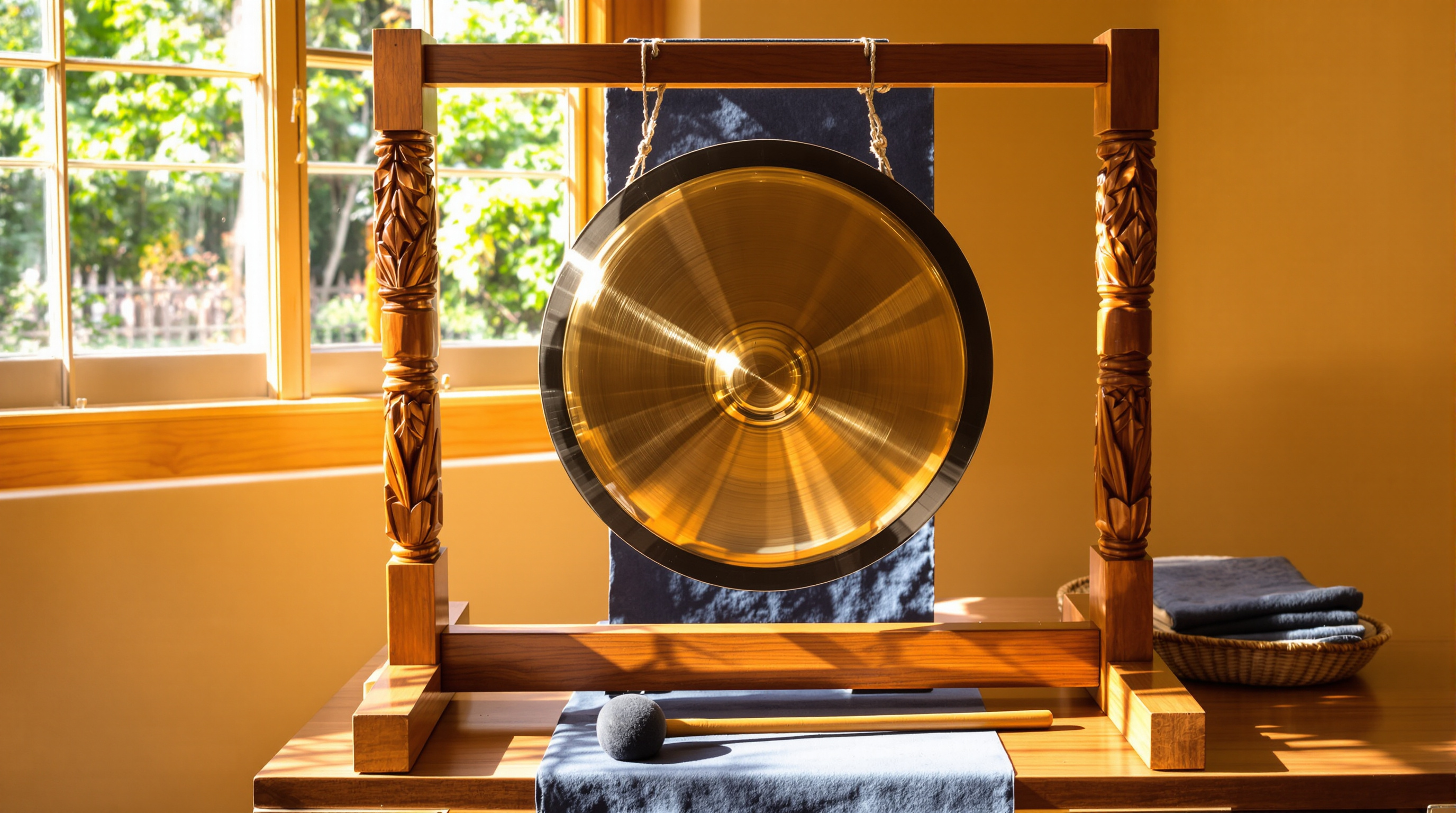 A polished brass gong hanging in a carved teak frame on a low table, a felt mallet resting against its base in warm afternoon light