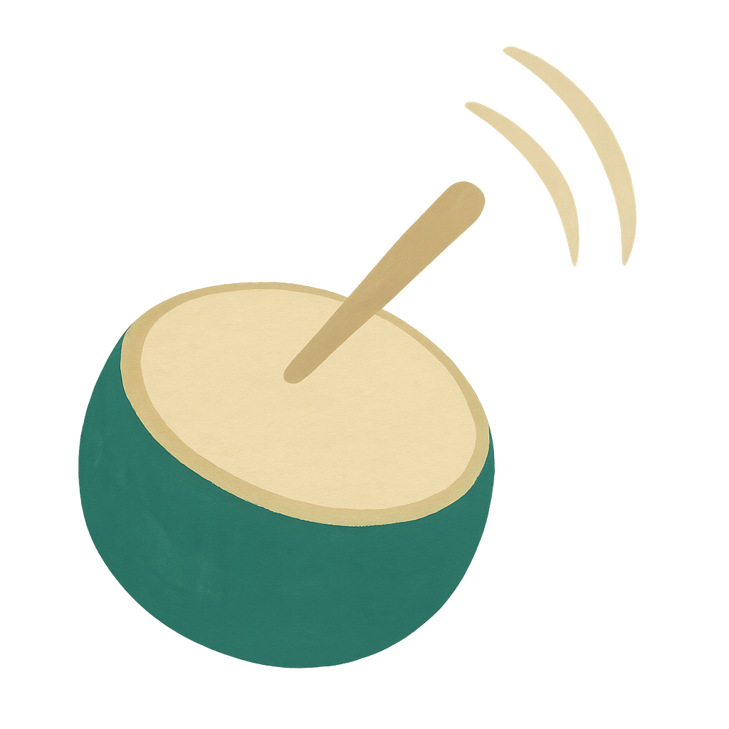 A gouache painting of a small round drum with a mallet striking its head and two motion arcs curving away