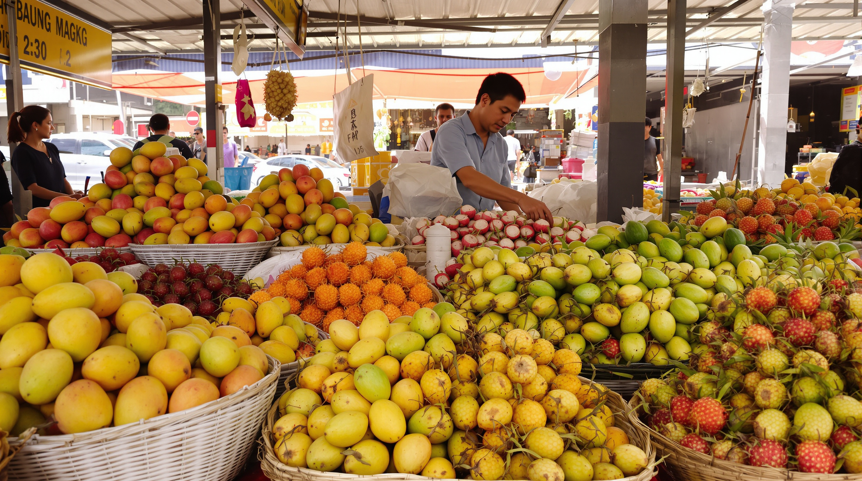 A covered market stall piled with mangoes, rambutan and dragon fruit in baskets, a vendor reaching across the front