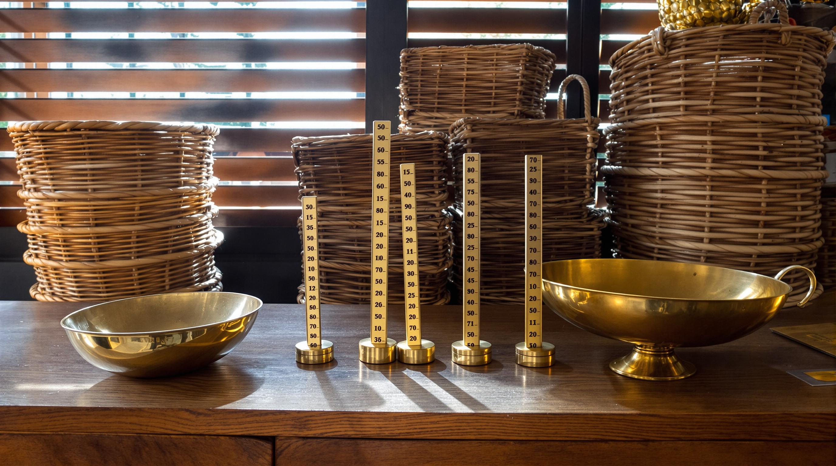 Brass weighing pans and a row of numbered measuring gauges on a wooden counter in front of stacked baskets