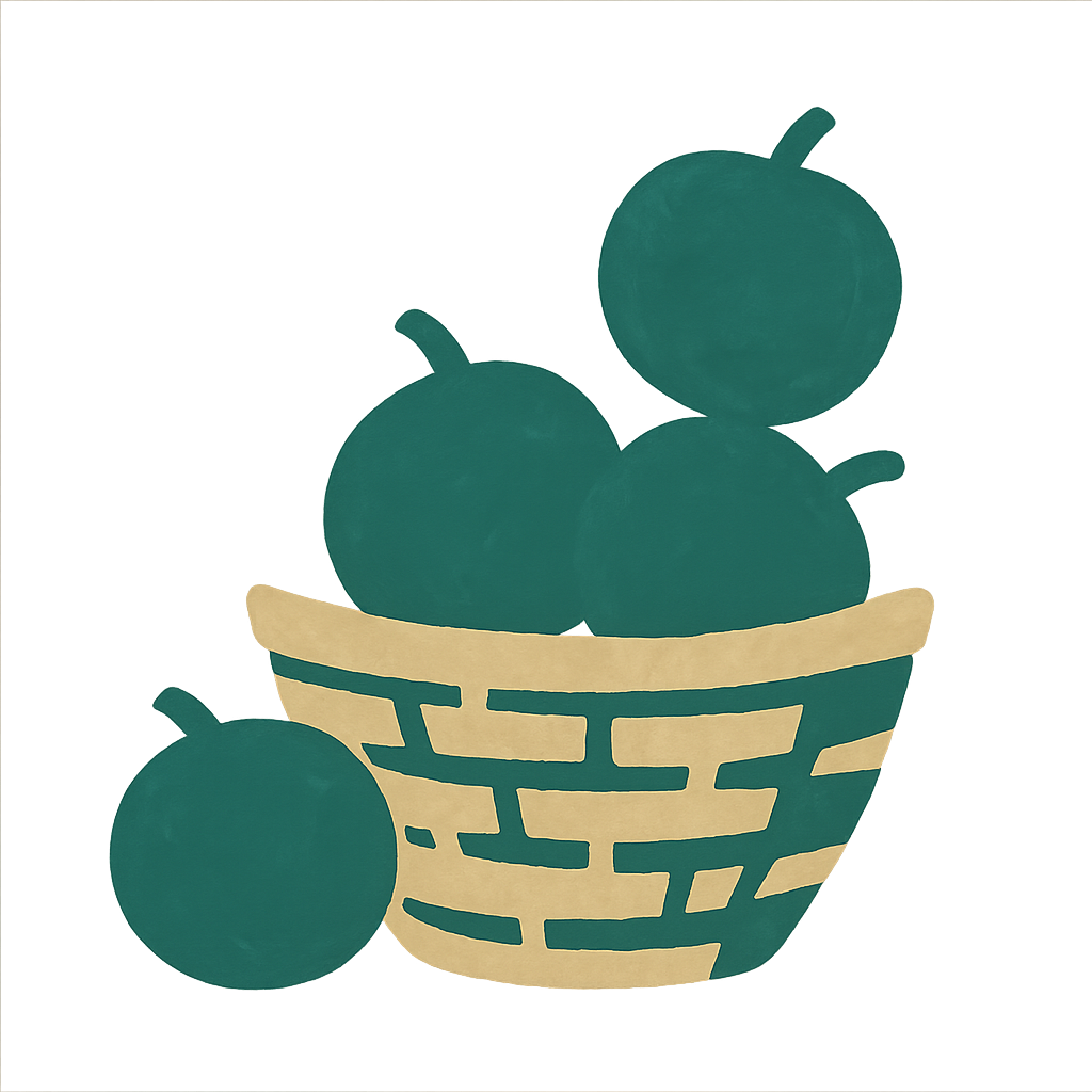 A painted woven basket holding three round green fruit with a fourth sitting on the ground beside it