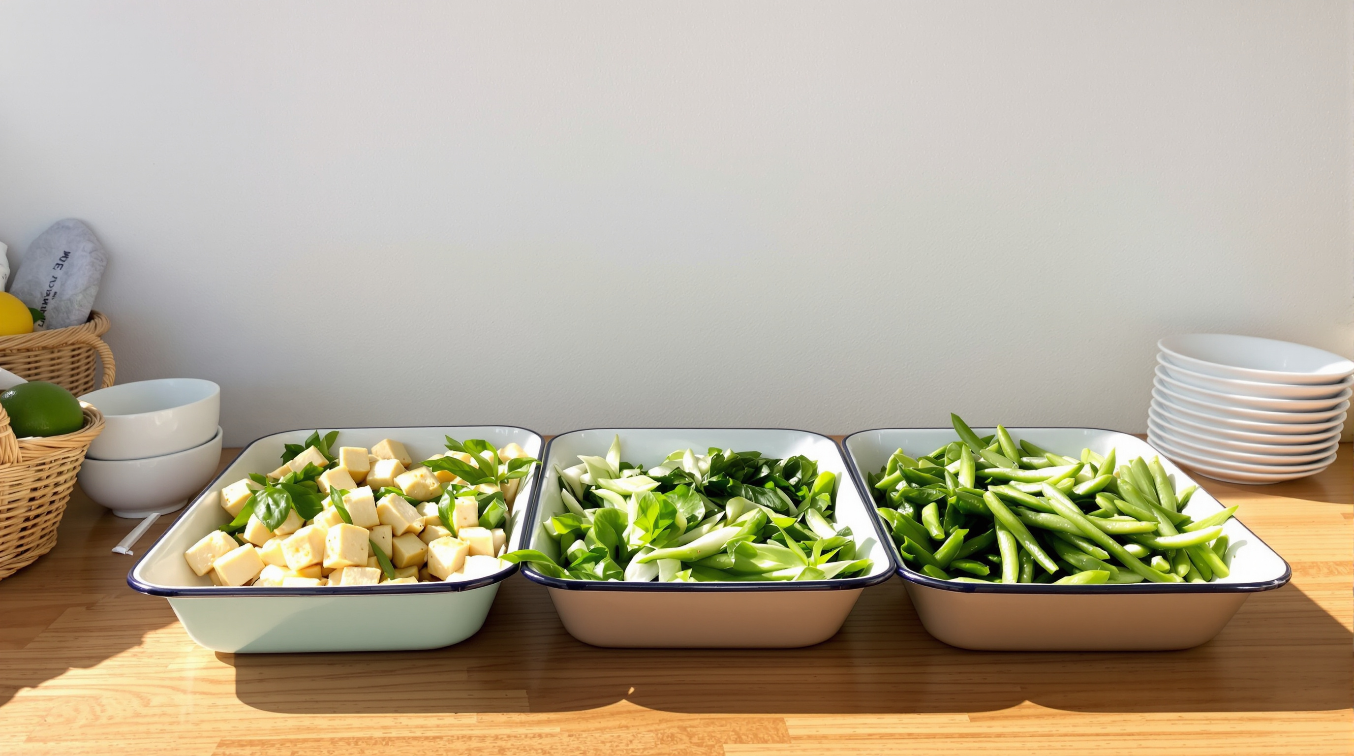 Three enamel trays of prepared Thai vegetables on a wooden counter in morning light, cubed tofu, greens and sliced long beans, with a basket of limes and a stack of white bowls