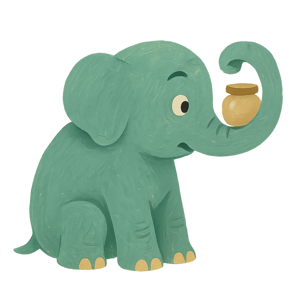 A friendly jade gouache elephant holding a small unlabelled jar up in its trunk and leaning in to inspect it