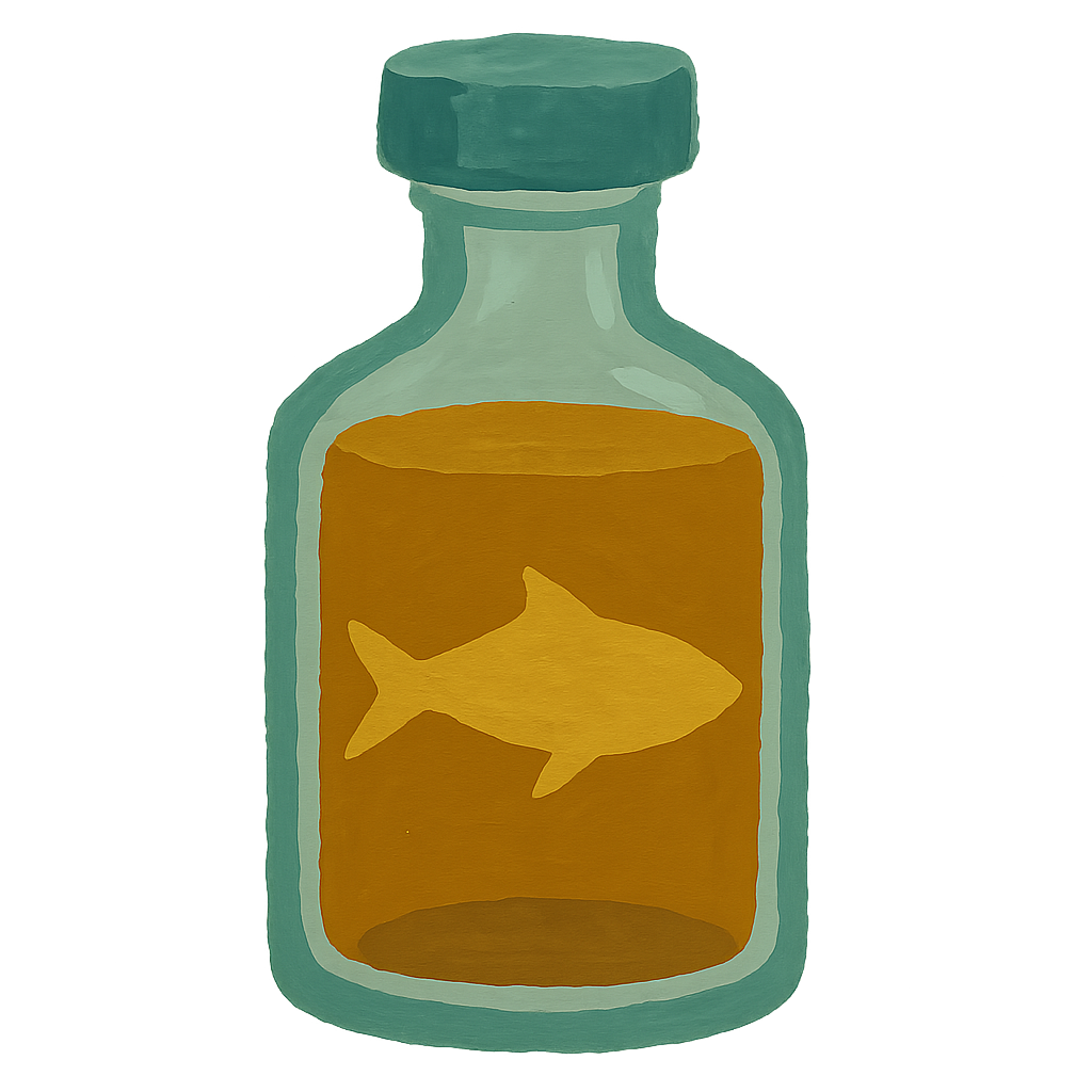 A gouache bottle of amber sauce in jade and oat with the flat silhouette of a single fish suspended inside it