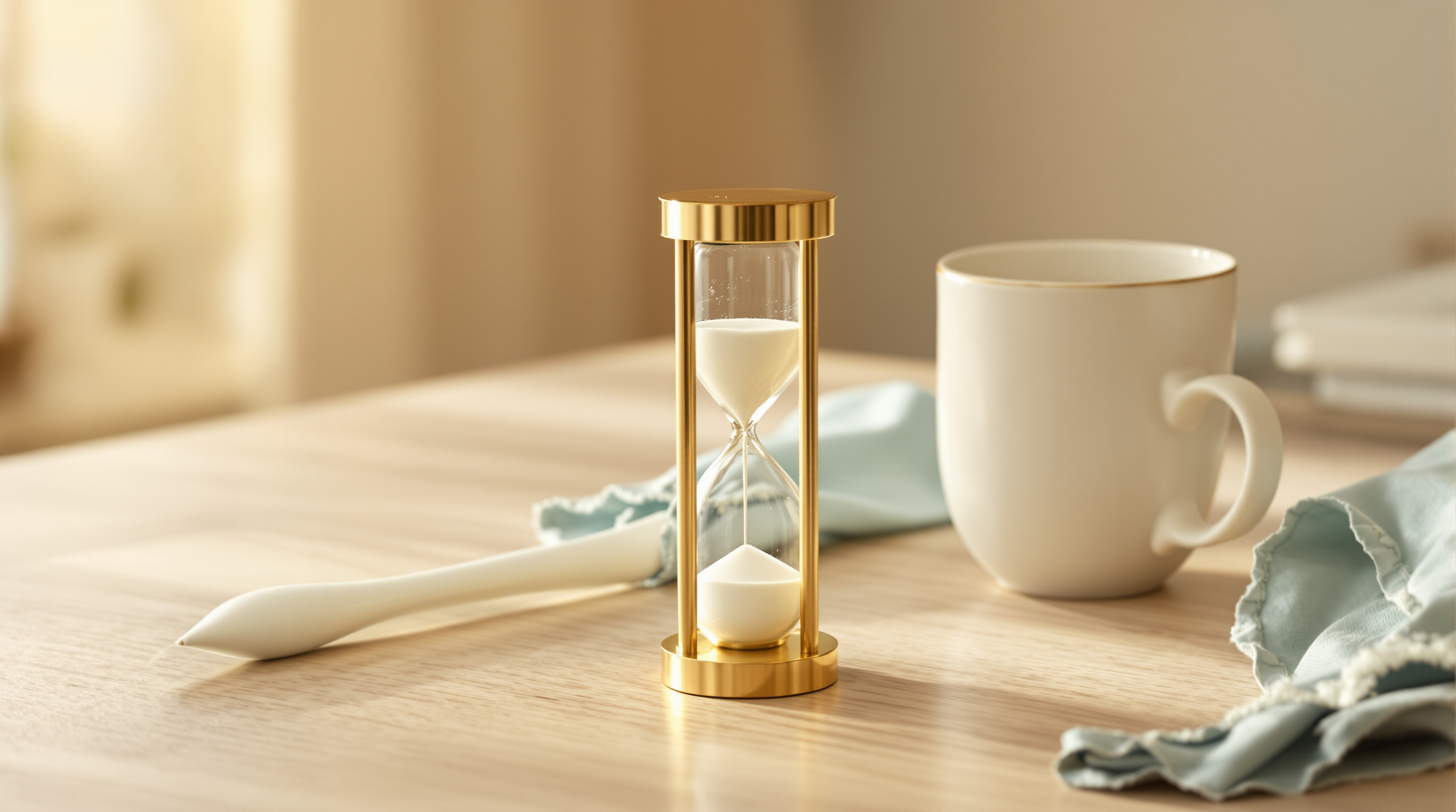 A brass hourglass on an oak table beside a cup and a folded jade cloth in warm sidelight