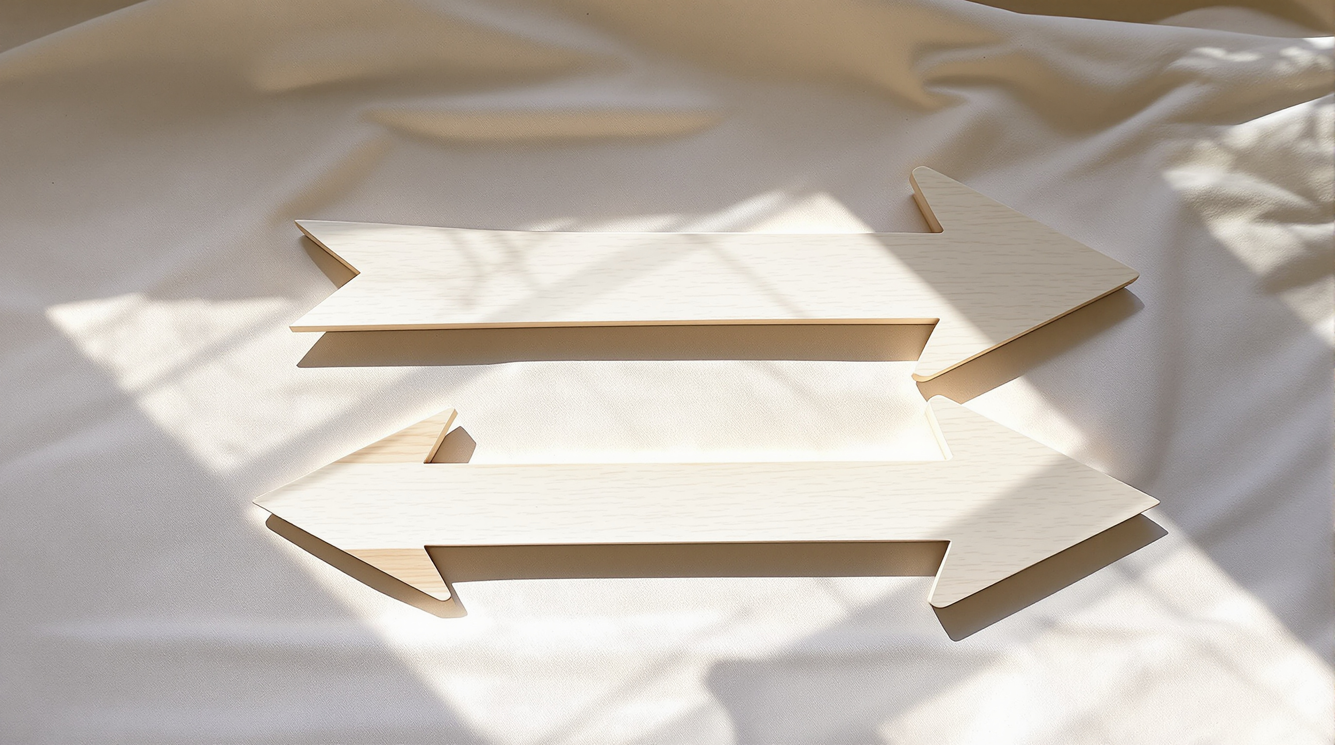 Two identical wooden arrows lying on cloth, one pointing left and one pointing right.