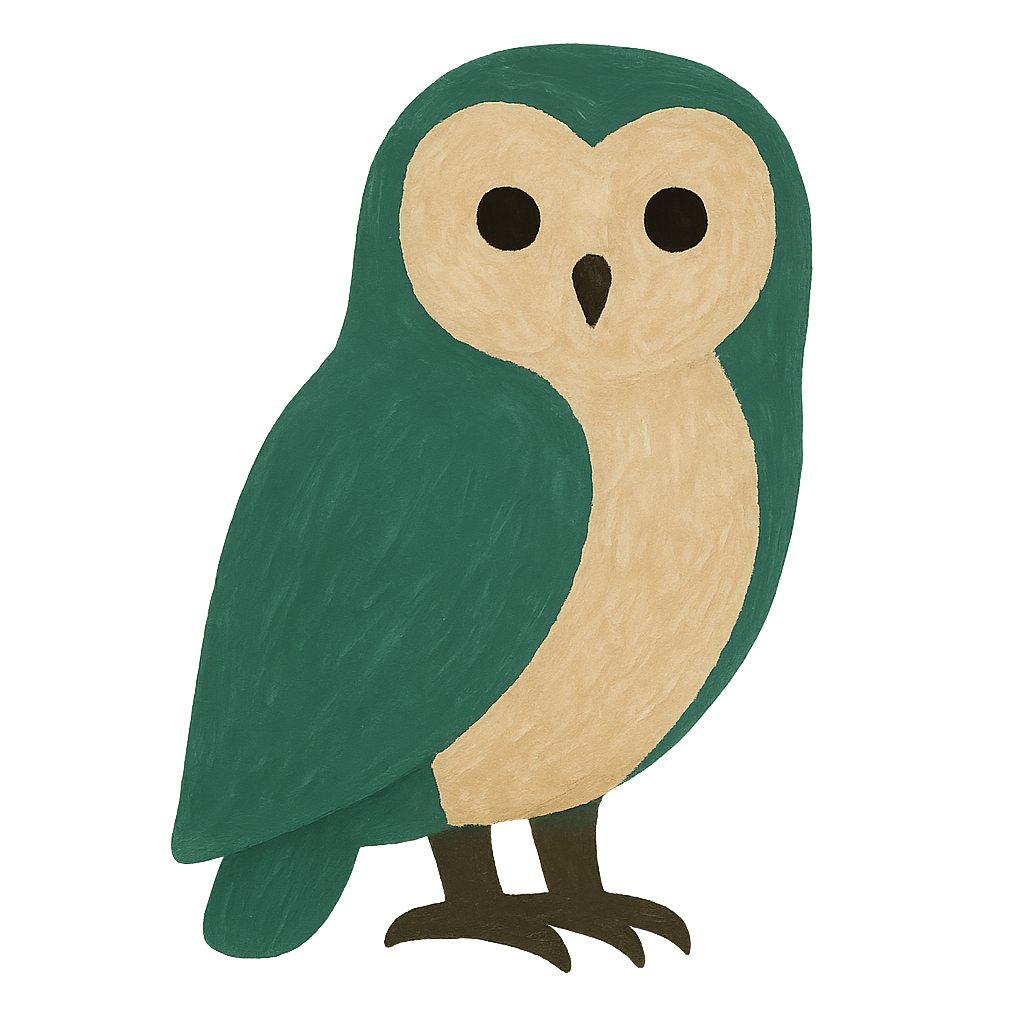 A painted gouache owl in jade and oat, perched square-on with its head turned forward