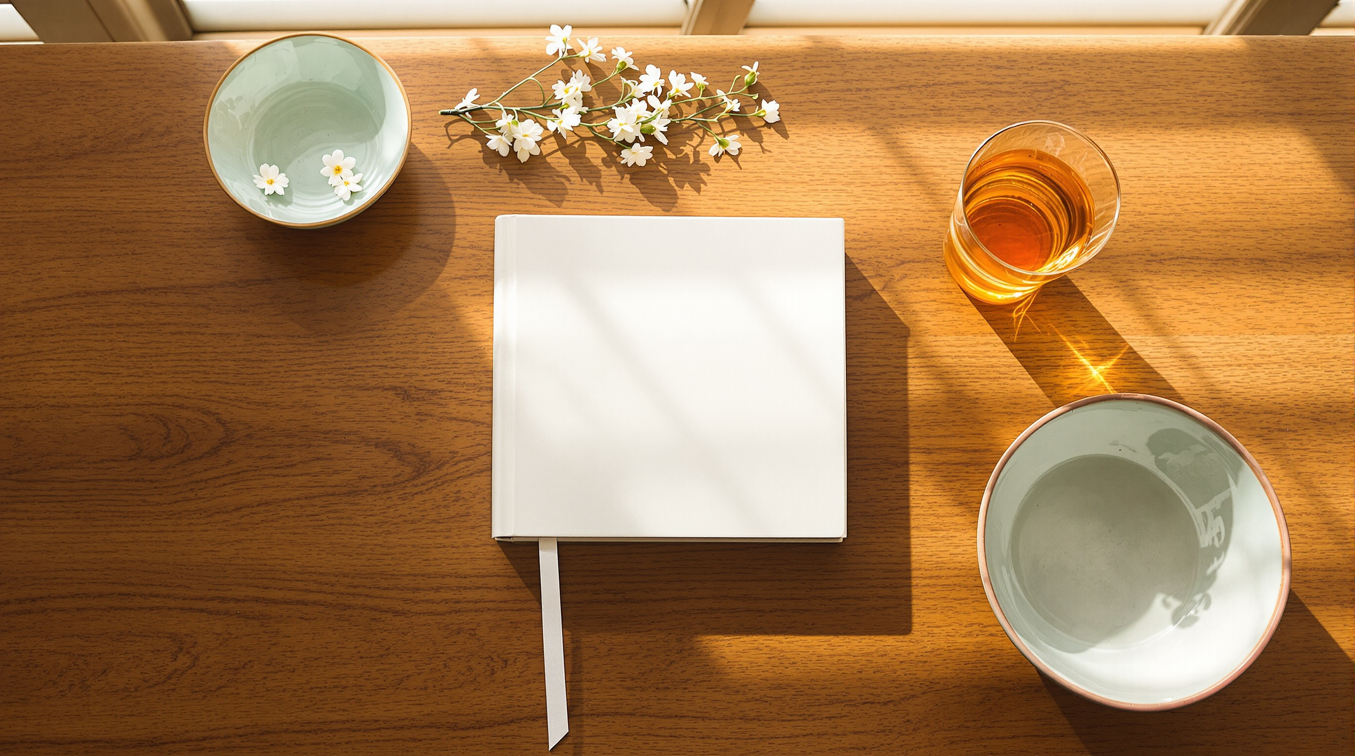 A closed cream clothbound book with a ribbon bookmark on a sunlit teak table, beside a glass of iced tea, two celadon bowls and a sprig of jasmine