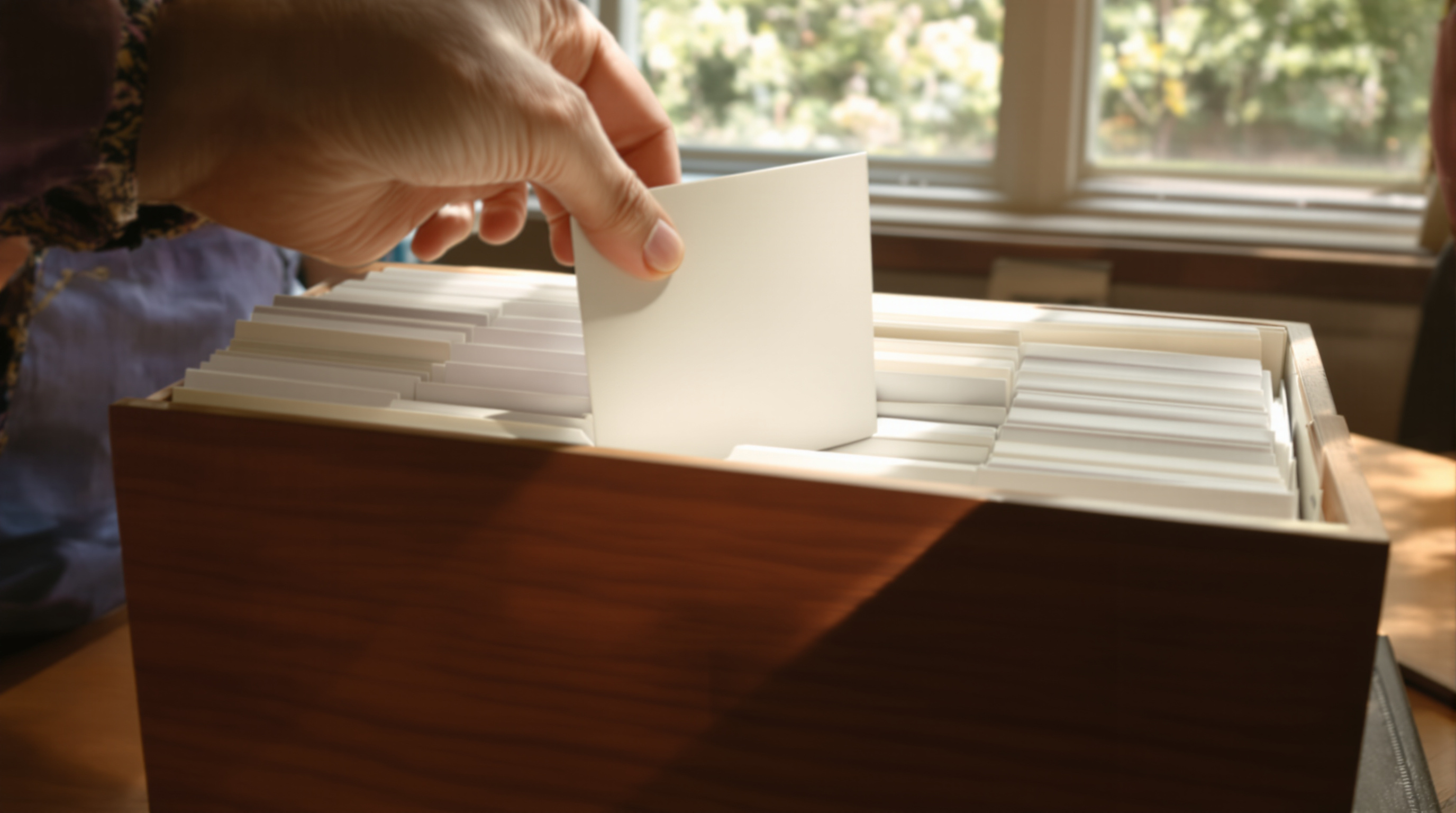 A hand lifting one blank card partway out of a long row of cards in a wooden index box, in bright window light