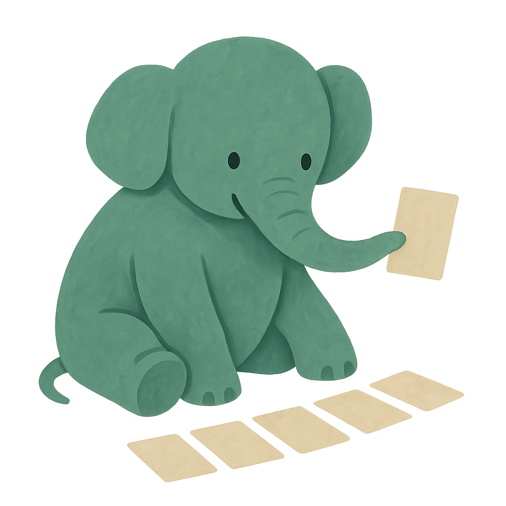 The Phayan elephant sitting on the floor, setting plain cards into a neat left-to-right row and holding one up in its trunk