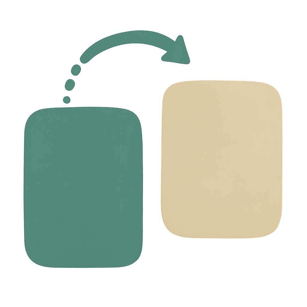 A jade card and an oat card side by side, with a curved dotted trail arcing over them showing the jade card moving to the right-hand position