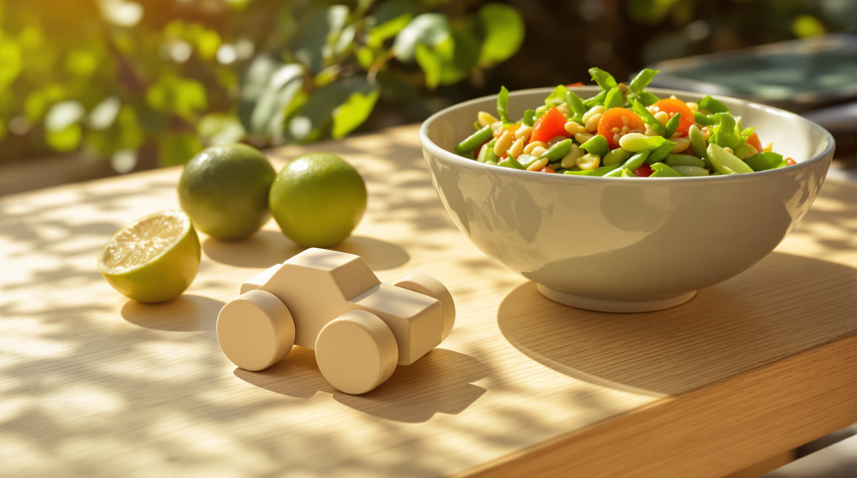 A plain wooden toy car beside a celadon bowl of green papaya salad and halved limes on a sunlit wooden table