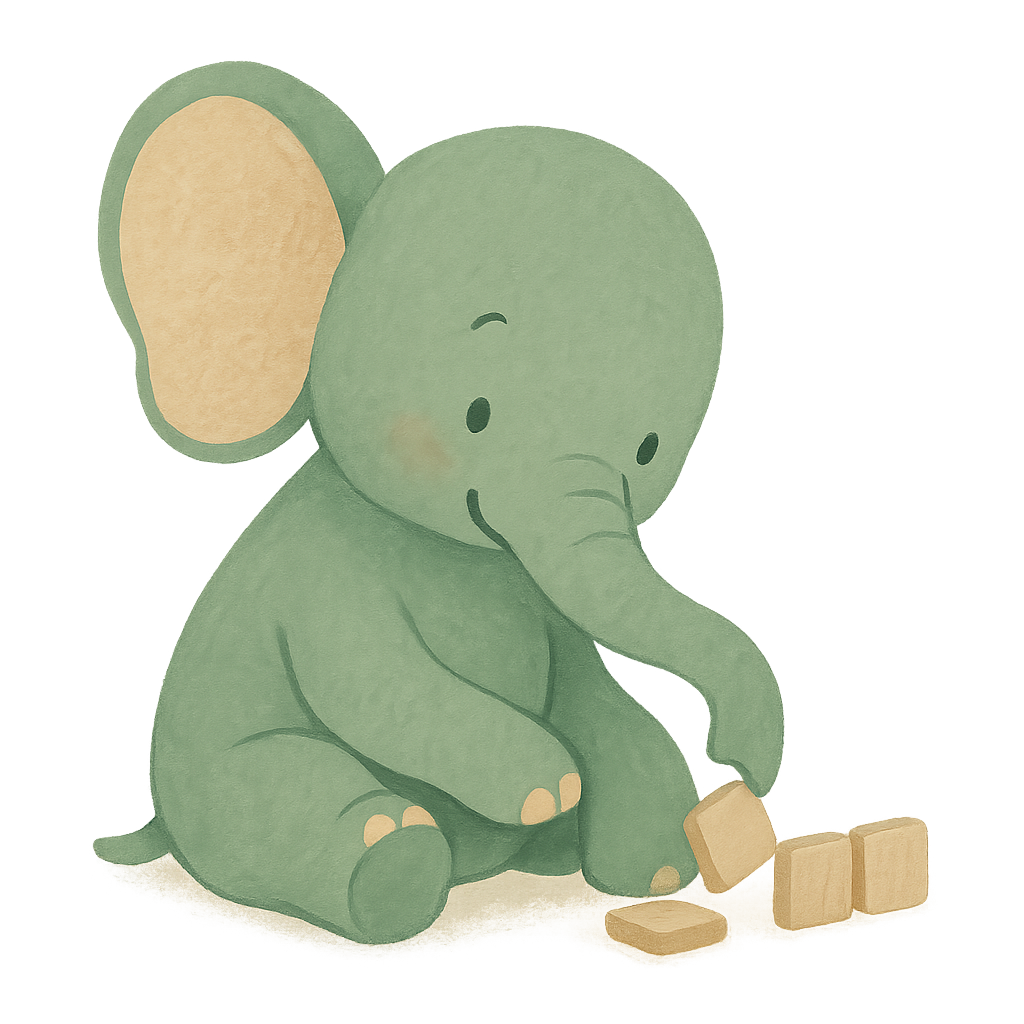 The Phayan elephant sitting with one ear cupped forward, listening, as its trunk sets a plain wooden tile into a short row of tiles