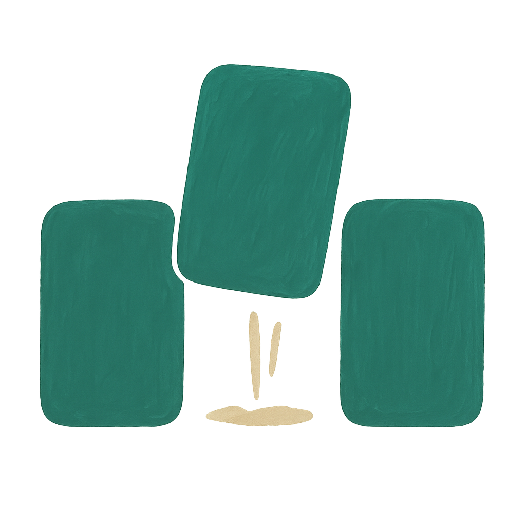 Three plain jade-green cards standing side by side, the middle one lifted as if just picked