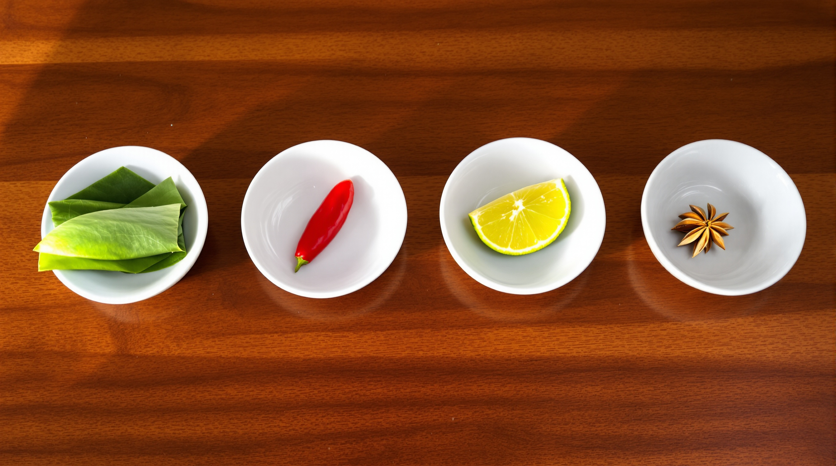 Four identical white ceramic bowls in a row on a teak table, each holding one different thing, in warm afternoon light
