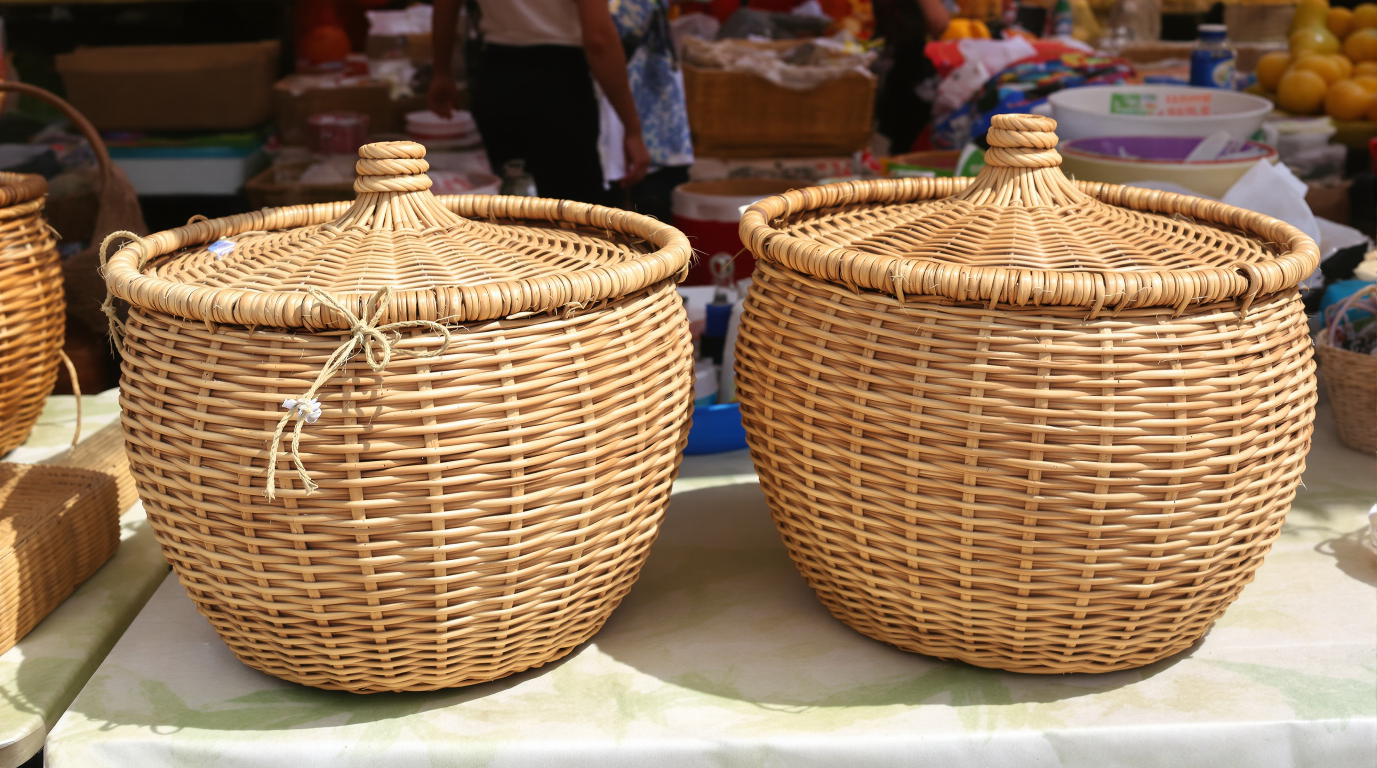 Two near-identical lidded rattan baskets side by side on a market table, the left one with a small bow of twine tied to its rim and the right one without
