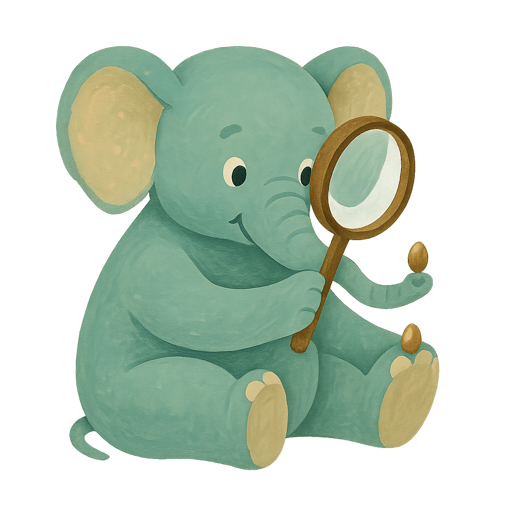 A friendly jade gouache elephant holding a magnifying glass and looking closely at two small seeds resting on its foot