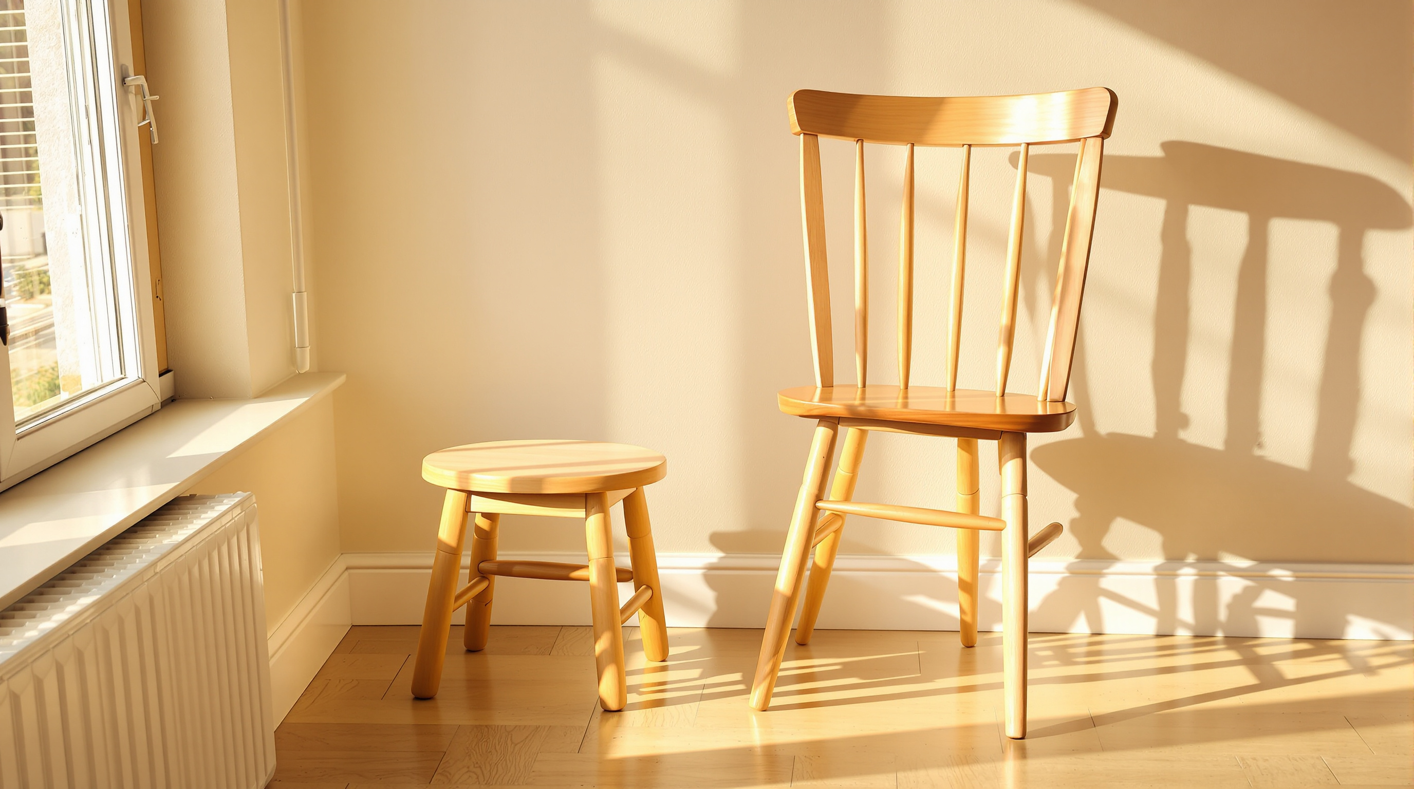 A child-sized wooden stool standing beside a full-size wooden chair in morning light.