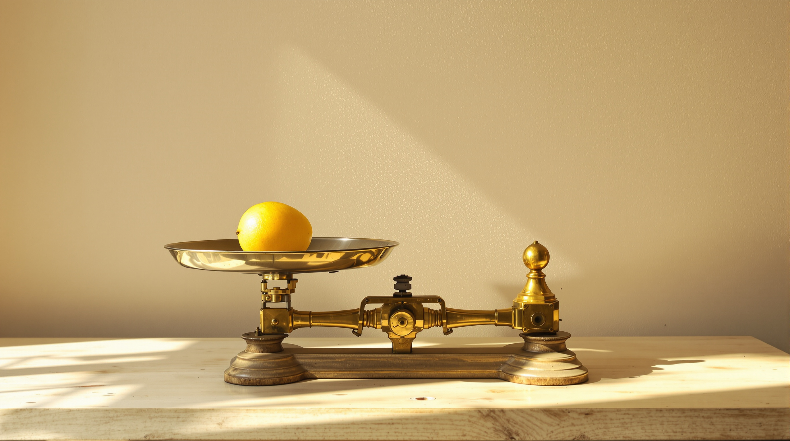 A ripe mango resting in the pan of a brass balance scale, the beam settled level.