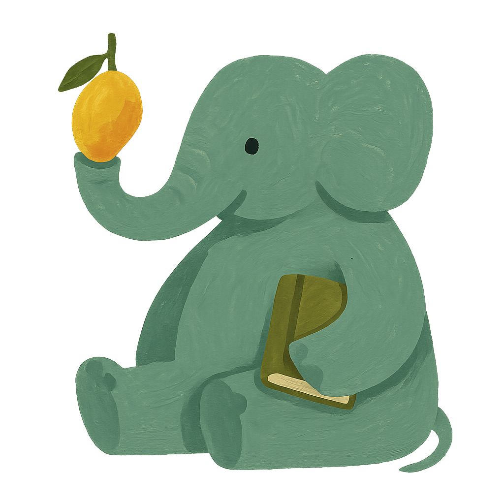 The Phayan elephant sitting with a closed picture book under one leg, holding a mango up in its trunk.