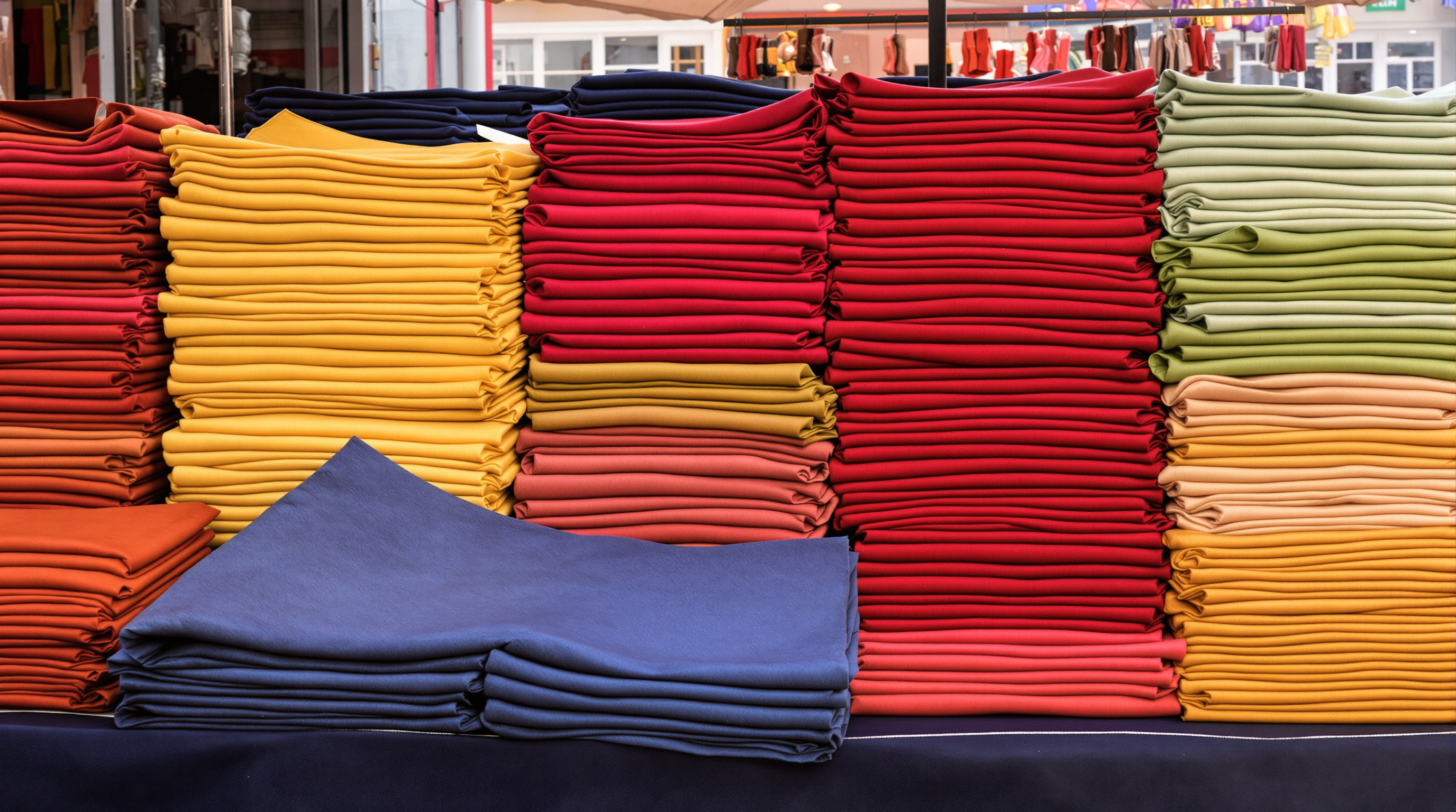 Stacks of dyed cotton and silk on a market table, red beside yellow, green, indigo and pink
