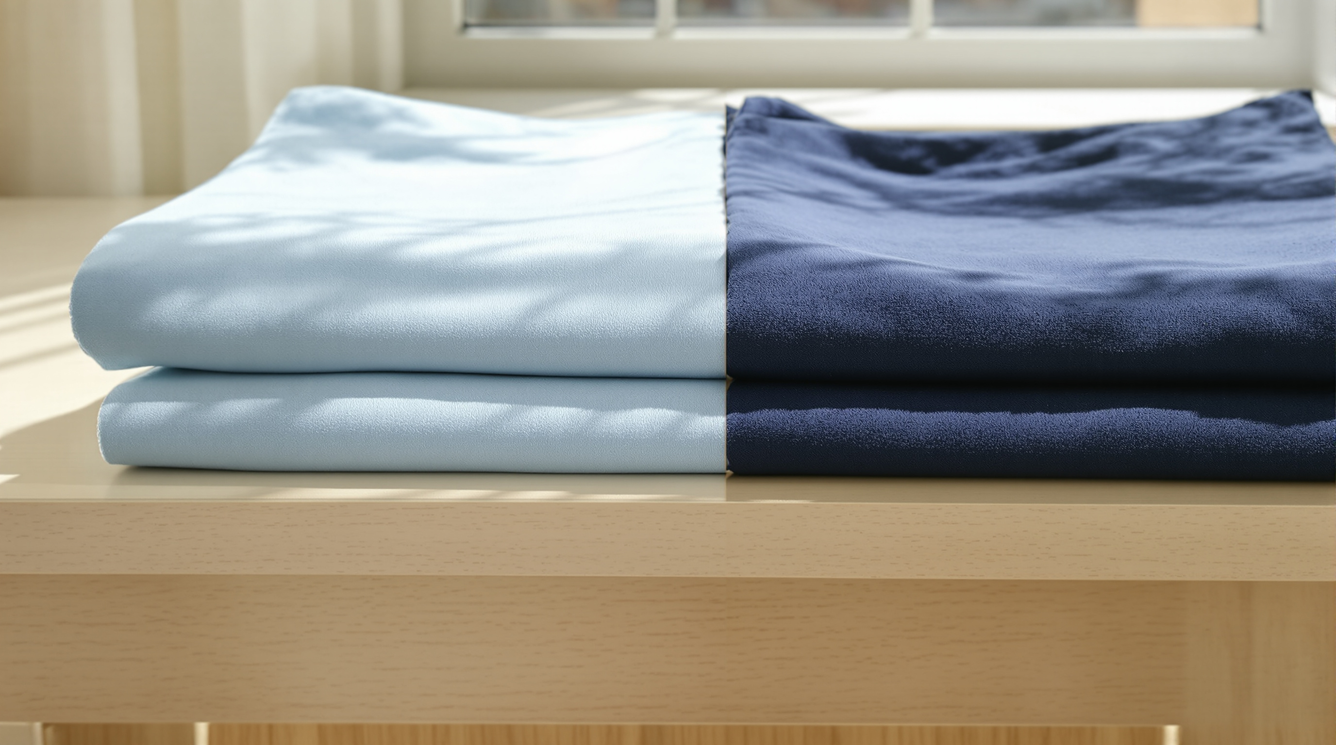 Pale sky blue cloth folded beside deep indigo cloth, the two blues meeting in a hard line