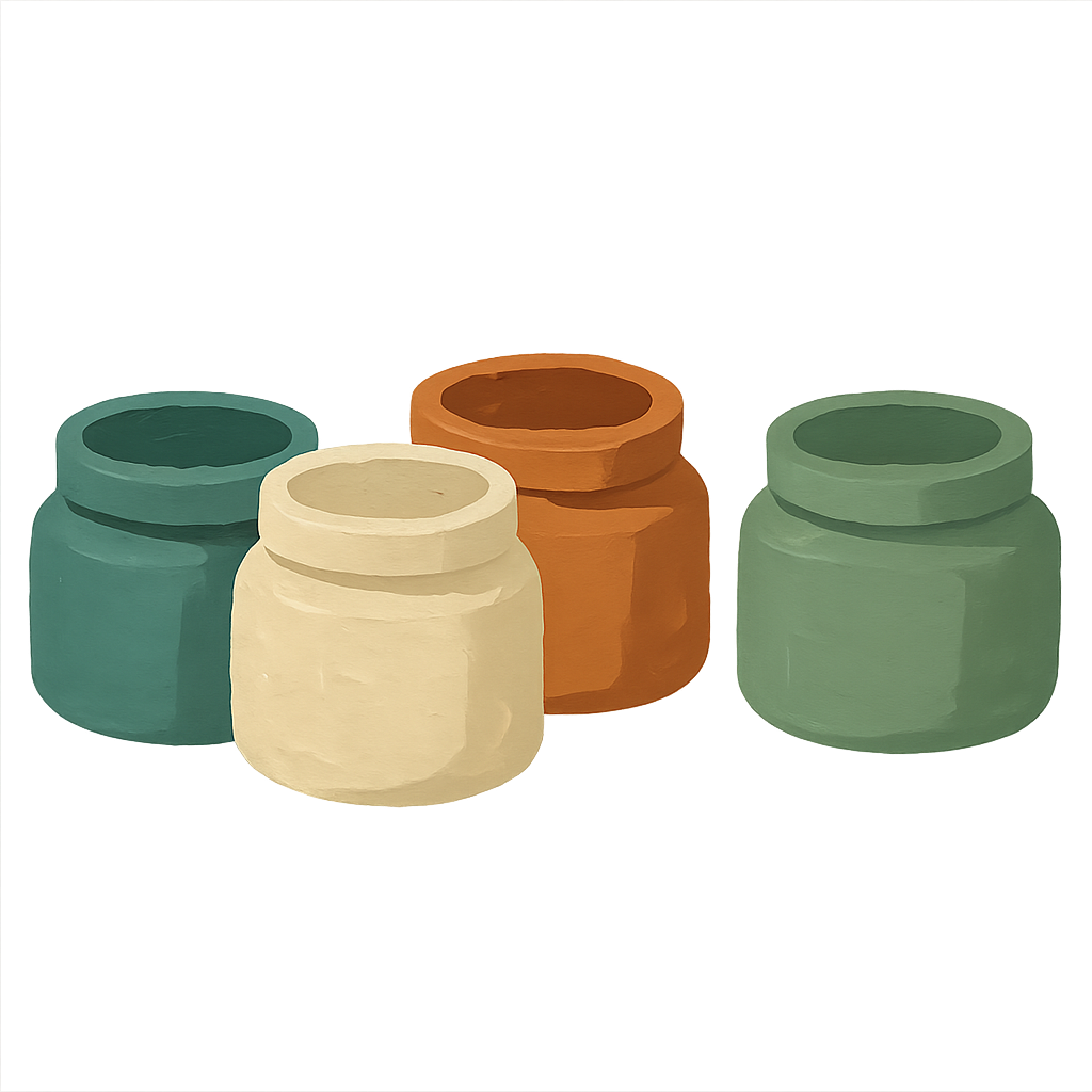 Four painted pots of paint standing in a row, each a different flat colour
